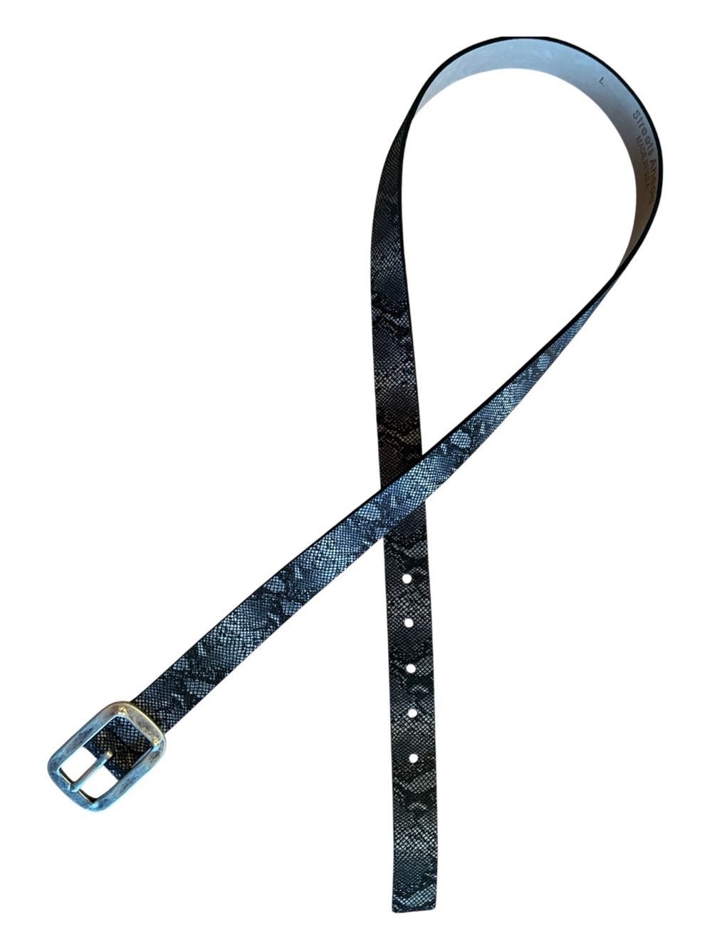 Streets Ahead belt, women's L, black and grey snake print, silver buckle. Euc